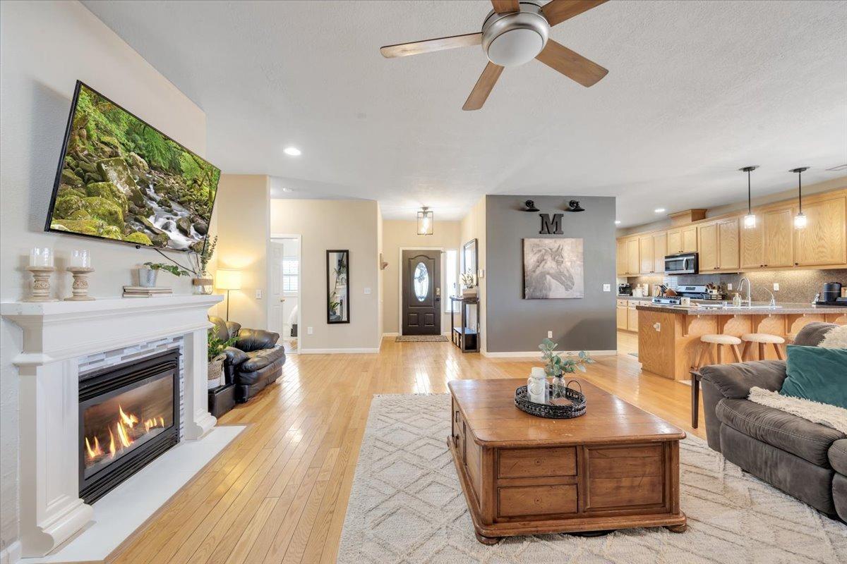 Cozy fireplace with a mantel to decorate for the holidays!