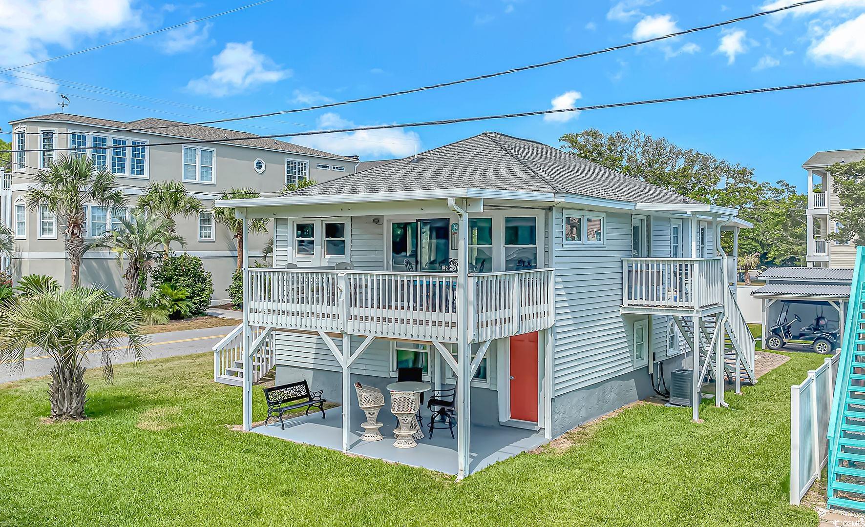 experience your slice of paradise in north myrtle's enchanting crescent beach. this coastal duplex boasts a comfortable 2100 square feet of living space, providing ample room for relaxation and entertainment. with 1 cozy bedroom and 2 modern bathrooms upstairs and2 bedrooms and 2 bathrooms down, this abode is perfect for creating cherished memories. located just a quick 3 blocks from the ocean, you'll revel in the refreshing coastal breezes that grace the decks and patios. speaking of decks and patios, this charming duplex offers not one, but two of each, providing an abundance of outdoor space to unwind and soak up the views. the upstairs unit has undergone recent renovations, ensuring a fresh and inviting atmosphere throughout. whether you're seeking a serene escape or a savvy investment opportunity, this duplex will not disappoint! sold furnished.  there are internal stairs so this can be used as a single-family residence.  here is the layout:  first level has a kitchen, living area, 2 full bathroom and 2 bedrooms.  2nd floor has one bedroom, one full bathroom, living room, breakfast area, kitchen.  sold fully furnished.  two outbuildings included.  lower level has two covered patios.  upstairs has two covered decks.  all decks have a new aluminum roof with gutter system.  there are two outside stairs to upper level.  inside stairs are locked.  three blocks from the beach  the lower unit has a spot for a washer dryer to the right of the vanity in bathroom
