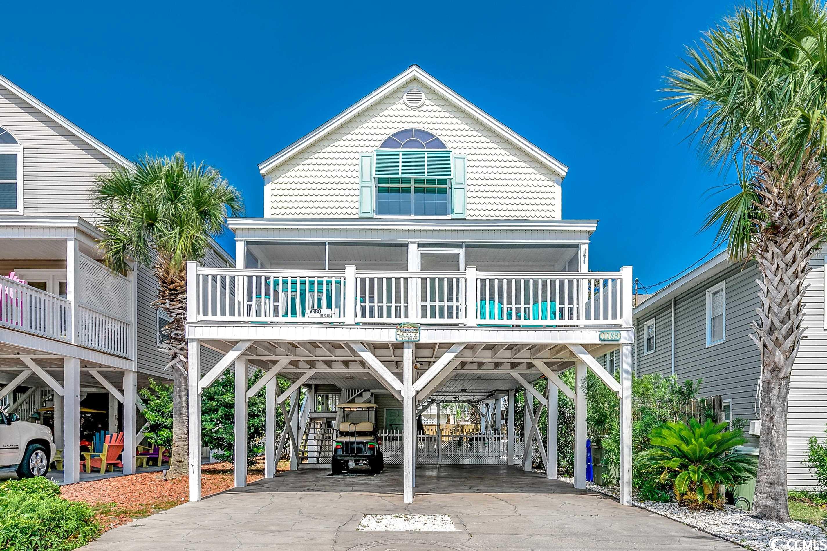 there is so much to love about this well designed raised beach home in surfside beach, sc. located only 150 yards from the beach and just blocks from the surfside and garden city piers, sweet-t timmons retreat is recently renovated and thoughtfully upgraded to take full advantage of the coastal lifestyle.  from the moment you arrive at the property, you’ll be impressed by the extensive outdoor living space. a wooden picket fence offers privacy and safety for the salt water 24 x 12 pool, and the large covered dining and seating areas with 50" flatscreen tv provide ample space for all-weather entertaining. a nearby half-bath and outdoor shower make it easy to relax by the pool or clean up after enjoying the beach. a utility room completes this concrete surfaced area, and there’s ample parking for 6.  a full-length front deck and a screened front porch offer additional outdoor space. inside, the first floor integrates style and function to create effective flow between the living, dining, and kitchen areas which feature white-washed hardwood floors. this immaculate home is professionally decorated with hand painted murals and coastal decor. renovated in 2022, the kitchen features white cabinets, stainless steel appliances, brazilian granite counters, and a breakfast bar. the spacious dining area offers seating for 6 or more. the comfortable living room has an electric fireplace, 80” flat screen tv, a raised sofa table that seats 3, and carefully selected upholstered furniture and occasional tables. all furniture, custom window treatments, light fixtures, fans, and tvs remain with the home.  a laundry closet and large bedroom with queen bed and generous closet are also located on the first floor. its adjacent bath has a tub/shower shared with a hallway leading to a deck with stairs and a landing that lead to the pool. the second floor offers the master bedroom with its king bed, 2 large walk-in closets, and an adjoining tiled bath boasting double sinks and jacuzzi tub and shower. the third bedroom is furnished with bunk beds including a double trundle and a twin bed, and it has a window seat, 2 large walk-in closets, and adjacent bath. these attractive spaces continue the coastal-themed decor. this well-maintained home has been regularly updated. in 2017 a new mini split-level unit was installed, and in 2019 a new roof, skylight, and water heater were replaced, and the pool was resurfaced. in 2020, a new hvac system was added. the home is currently used as a second residence and a rental with a proven income history. the sale includes a golf cart convenient for trips to the beach or nearby shops and restaurants.  whether you’re looking for a permanent home, a second residence, or rental property, sweet-t timmons retreat is an excellent choice. it is a turn-key investment just waiting for you to fulfill your dreams.
