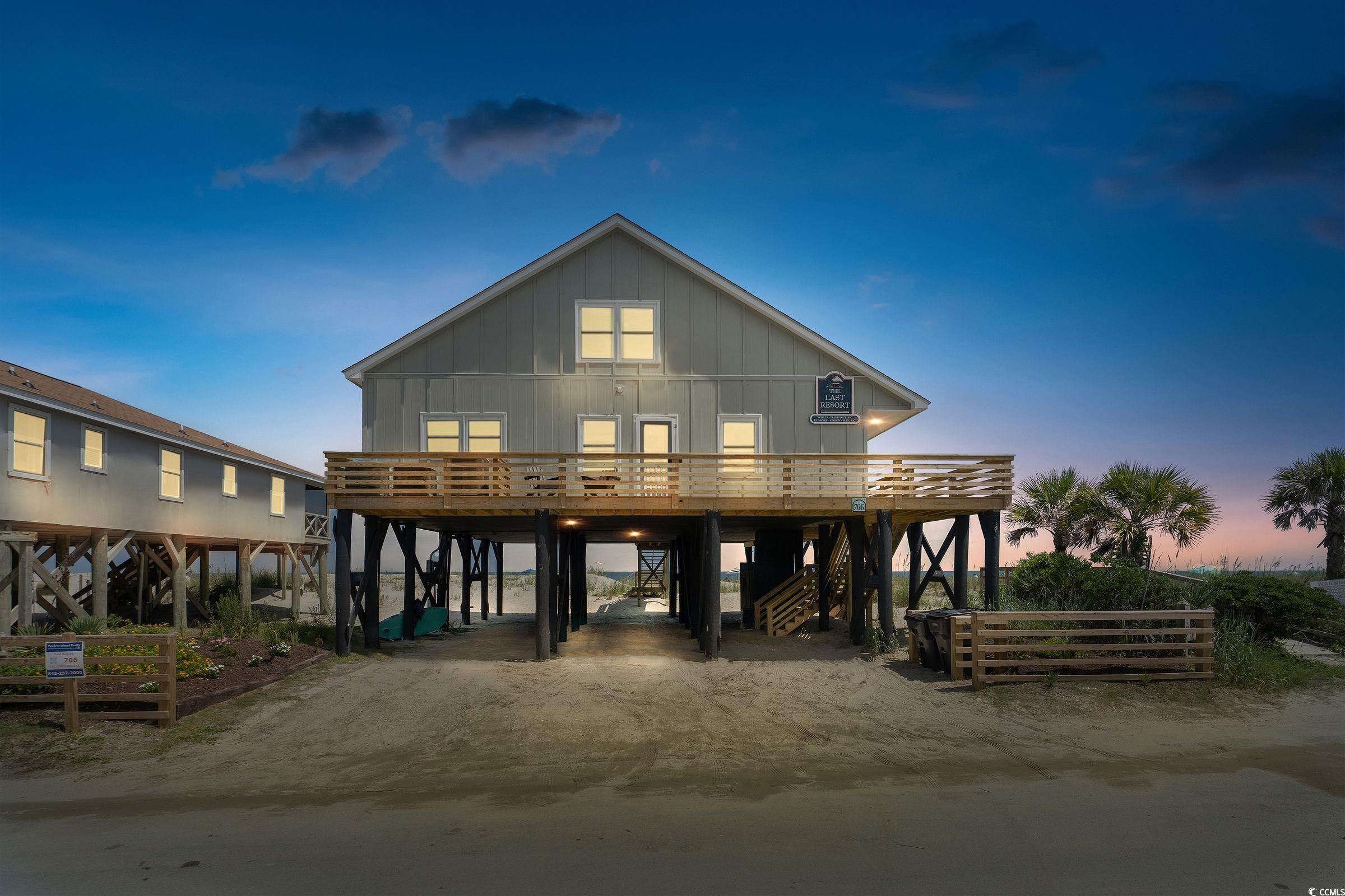 the last resort has two beautifully distinct faces, the beachfront one that faces the sunrise over the ocean, and the creekfront one that faces the sunset over pawleys creek! this incredible home is the last home on the southern tip of pawleys island and is nestled between pawleys creek and the atlantic ocean. it is a fun house inside and out and has unobstructed views east, west and south! truly one-of-a-kind location with both atlantic ocean and pawleys creek frontage. three oceanfront bedrooms and two creek view bedrooms. there are three bedrooms on the first living level and three upstairs. this home also features expansive (new) decking on both levels. completely remodeled over the last several years and is in wonderful condition and looks great! this home is anything but "arrogantly shabby", but you can still enjoy the laid back, carefree pawleys island lifestyle! having water at low tide at end of the dock allows for boating, fishing, and crabbing all day long when not sunning on the sparkling sands of the beach. this home is being sold fully and tastefully furnished.