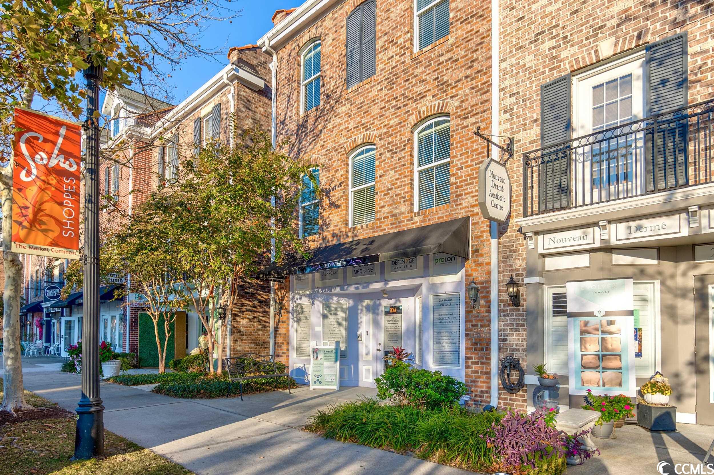 rare opportunity now available to own one of the popular work/live end unit townhomes at the highly sought after community, market common. the commercial storefront is approximately 650 sq ft and is currently occupied by a medical business. the unit offers a half kitchen and bath. floors two and three are a 3br/2.5b townhome offering laminate and tile flooring throughout, granite countertops and breakfast bar. all three bedrooms are located on the third floor.  this unit is just a couple blocks away from the heart of the market common, which offers endless dining, shopping and recreational options. it's also a short drive to the beach and airport. make an appointment today!