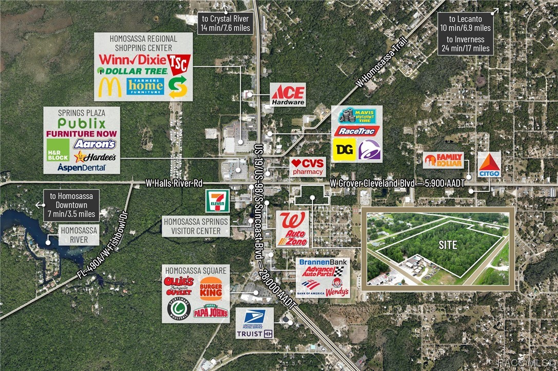Prime 6.82 acres Zoned GNC allowing mixed commercial development in Homosassa proper just one block east of the main arterial  highway Suncoast Boulevard /US Hwy 19 (35,000 AADT) currently being expanded to 6 lanes and connecting Citrus County to Hernando County in just 26 miles.  The subject property fronting W Grover Cleveland Blvd (5,900 AADT) with 479’ and  200’ road frontage on S Centennial Avenue.  Under the current Citrus County LDC the primary zoning designated GNC-General Neighborhood Commercial (Maximum Lot Coverage 70%) allows for a range of permitted uses including Professional/Medical Office, Shopping Centers, Self Storage including the suggested highest and best use of Multi Family allowing up to 10 units per acre,3 storey building limit potentially allowing for 68 apartment units (All residential development shall be required to preserve at least 20% for permanent open space).   Centrally located just 6.8 miles  NE of the 589 Toll Road/Suncoast Parkway interchange on W Cardinal St placing the Tampa International Airport in just 68 miles (1hr 3 min) from subject property.  Currently this area benefits from numerous natural tourist attractions such as the Homosassa Springs Wildlife State Park and the Homosassa River with easy boat Accsess to the Gulf of Mexico.  Neighboring cities include Crystal River (7.6 miles), Lecanto (8.8 miles), Beverly Hills (12.5 miles), Inverness (17 miles).