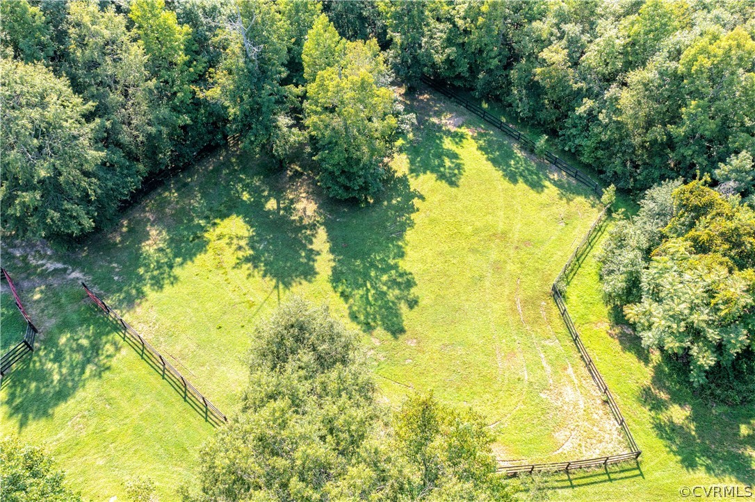 Aerial view of the lush green pasture.