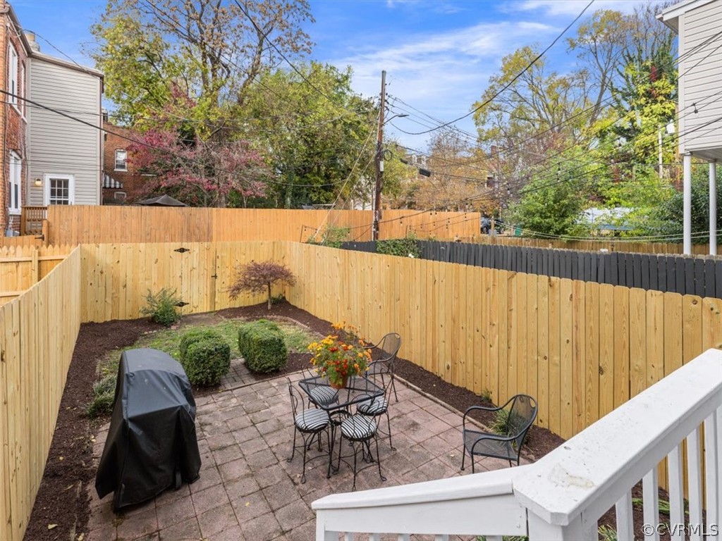 Backyard Patio with privacy fence.