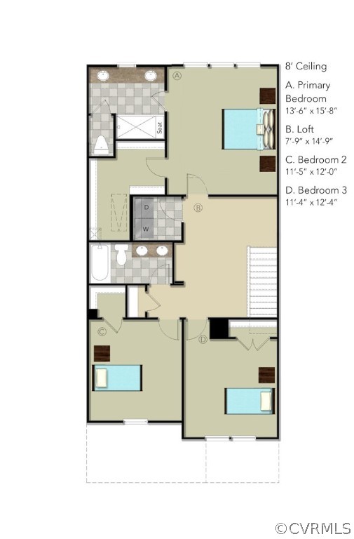 SECOND FLOOR - This home includes the 6' ceramic tile shower in the primary suite and double vanity in the hall bath.
