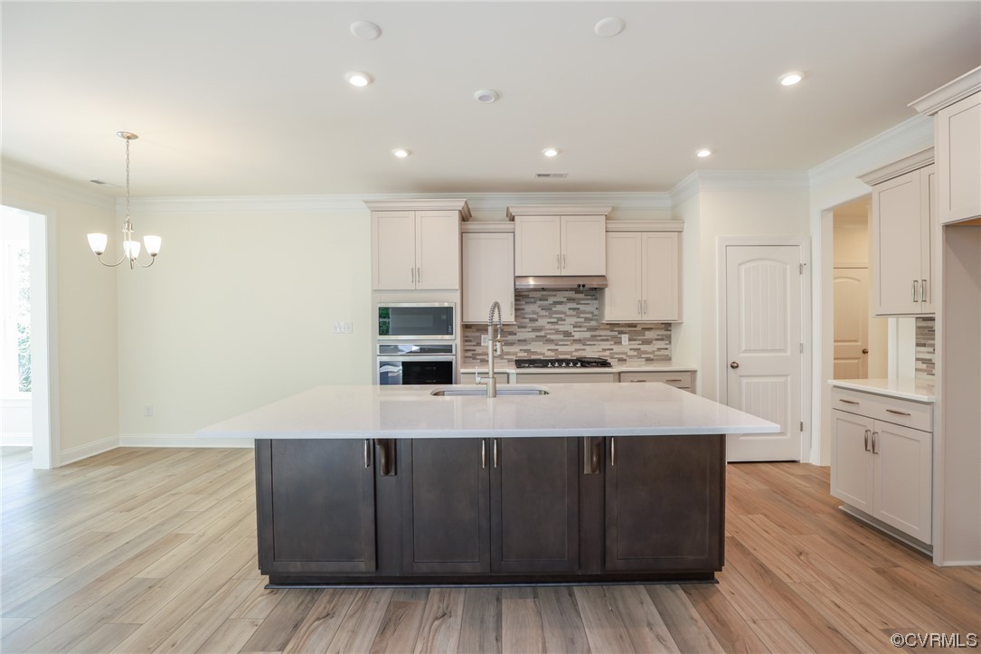 DESIGNER kitchen features UPGRADED cabinetry, QUARTZ counters, gas cooking, island, pantry, tile backsplash, built-in wall oven, stainless steel appliances, LED recessed lighting and EVP floors.