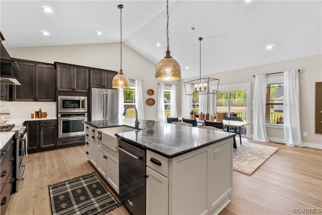 Kitchen with premium appliances, an island with sink, light wood-type flooring, and pendant lighting