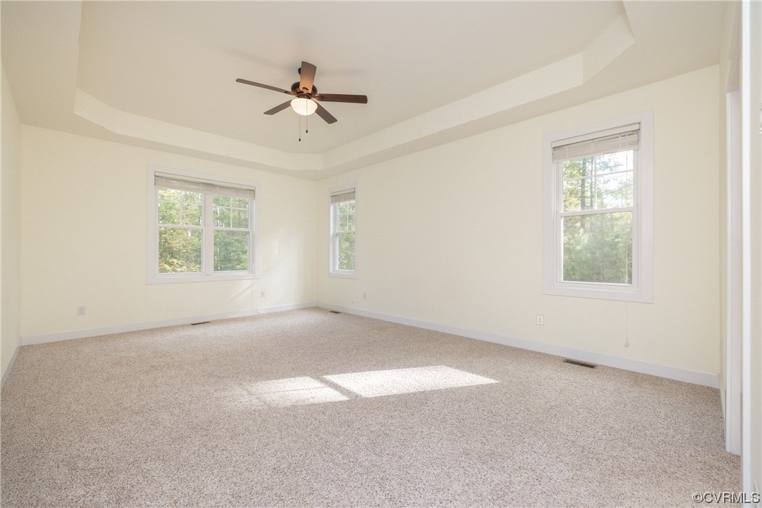 Master Bedroom featuring ceiling fan, tray ceiling and light carpet