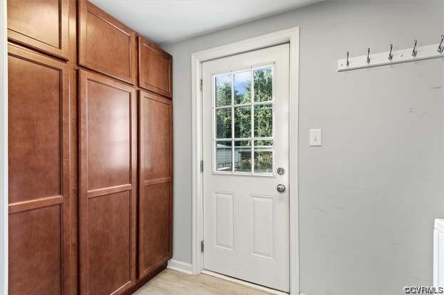 Doorway to outside with light hardwood flooring