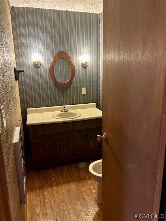 Bathroom featuring wood-type flooring, toilet, and oversized vanity
