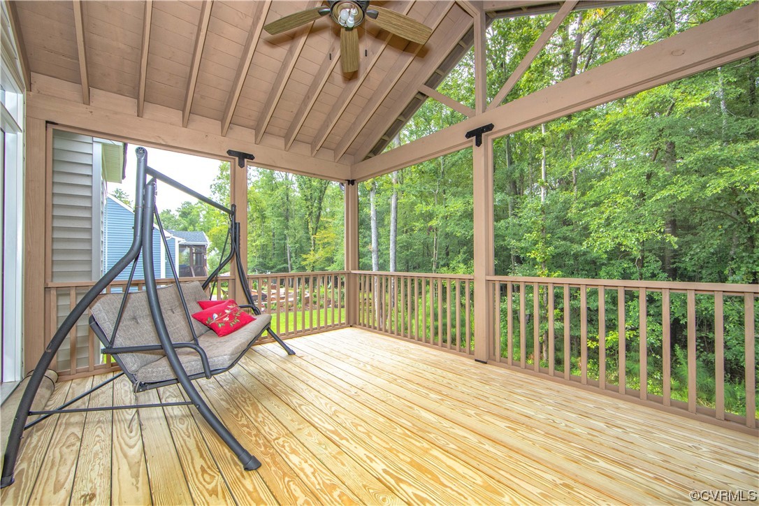 Wooden deck with ceiling fan