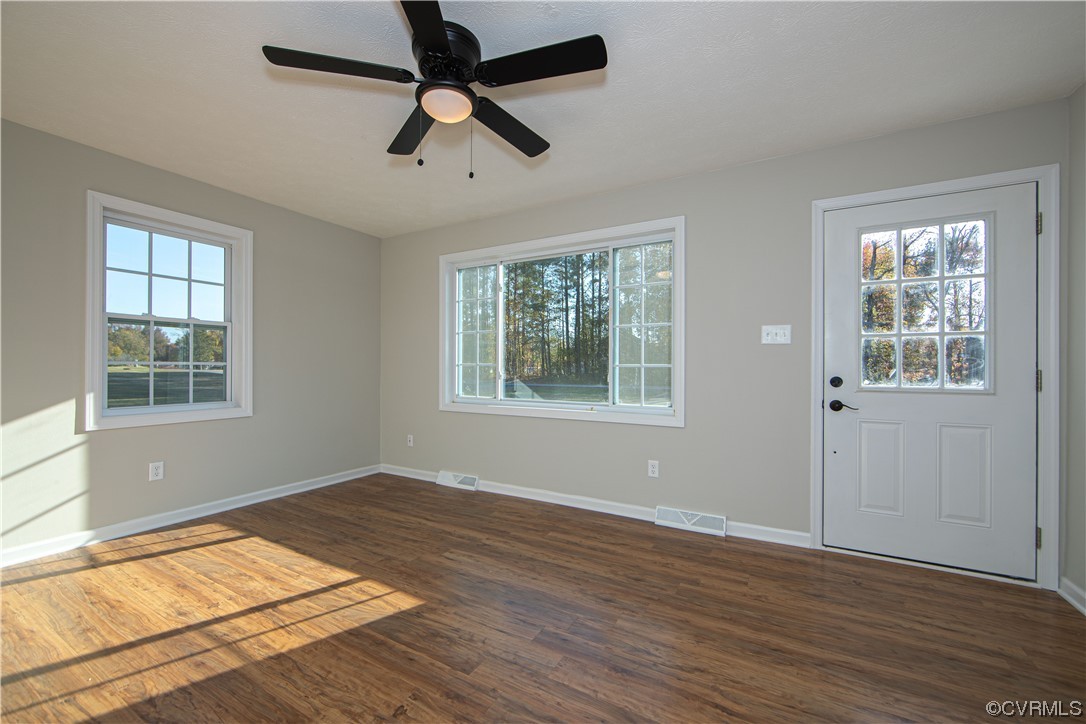 Foyer with ceiling fan, plenty of natural light, and dark hardwood / wood-style flooring