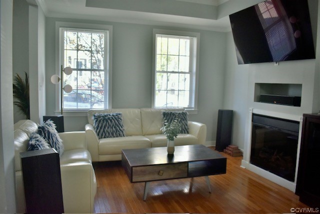 Living Room Featuring Recessed Ceiling, Ceiling Fan, & Wood Floors