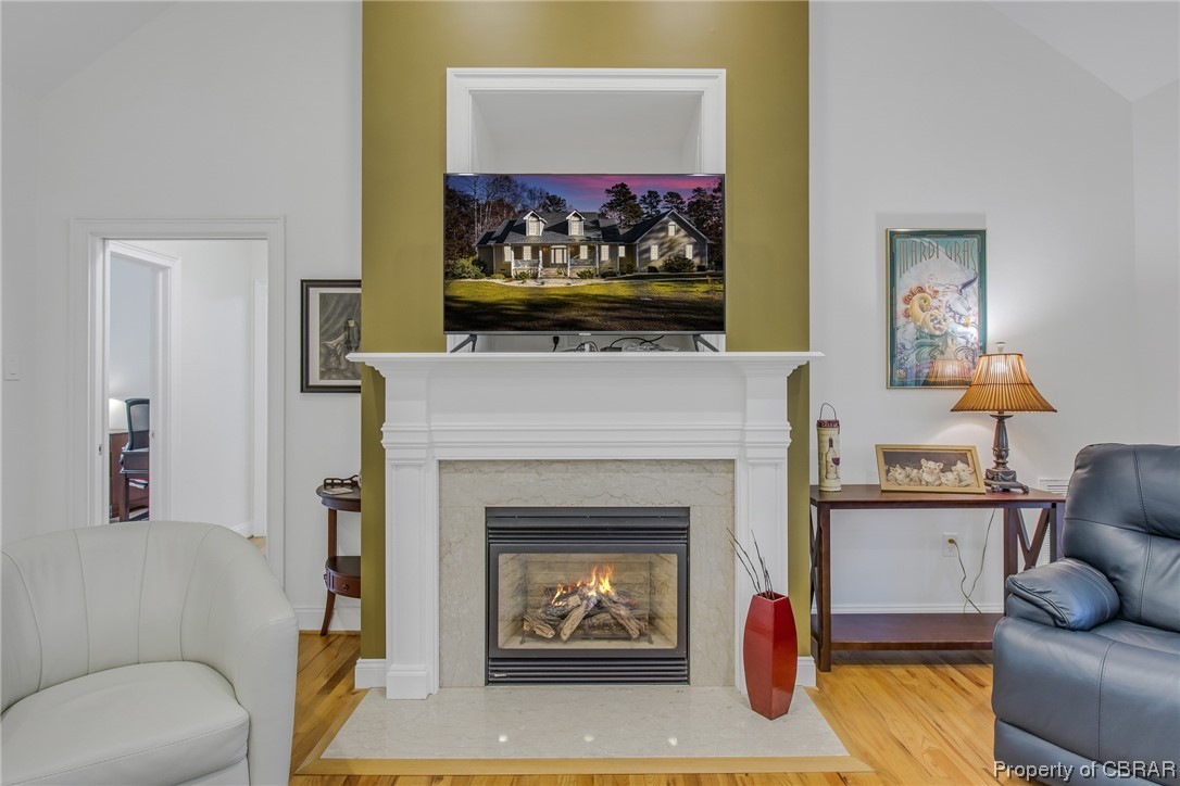 Gas fireplace anchors the room