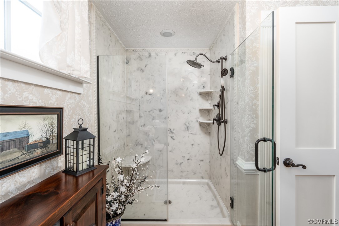 Hall Bath with oversized stall shower, linen closet