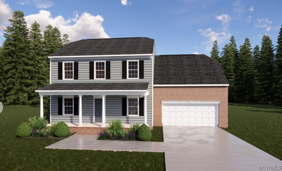Colonial inspired home featuring two car garage. Shown with optional front porch and brick.