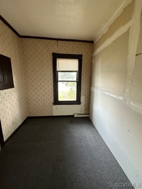 Empty room with crown molding, a textured ceiling, and carpet floors
