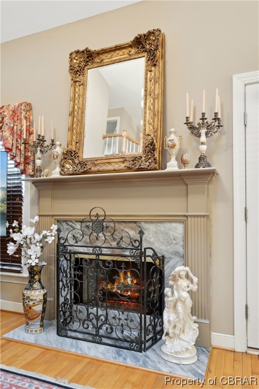 Details with a high end fireplace and light hardwood / wood-style floors