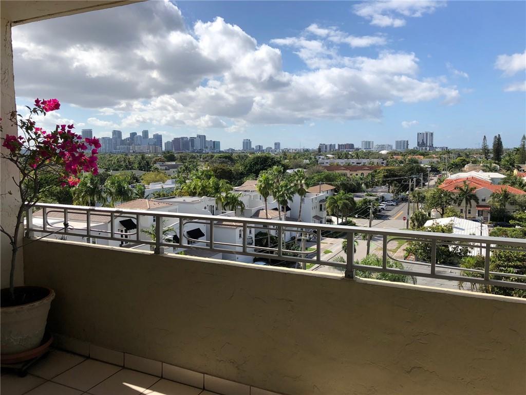 Enjoy sunny S Florida from your centrally-located 7th floor 2 BR, 1 BA home in the only high rise building in Victoria Park. Preferred outside corner location offers wide open N & W views of Fort Lauderdale's downtown skyline. Wood flooring in LR, dining, & kitchen, carpet in BRs, tile in bath. Stainless steel appliances in the updated kitchen are new in 2021. Four roomy closets (MBR w/ walk-in), plus separate storage unit. Private w-facing balcony provides great sunset views. Central a/c. Secure building access. Community pool & laundry. Reasonable maint of $360/mo in this well-located and well-run condo building situated within 1.5 mi of Ft Laud Beach, Galleria Mall, Las Olas, Flagler Village, & downtown. No REC lease. All new impact windows and doors to be installed before closing.