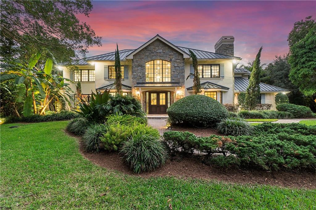 The front of the main house at sundown