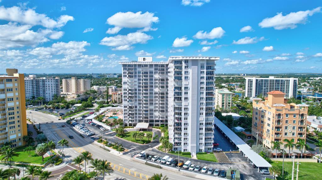 Amazing 10th floor 2/2 condo just steps away from the beach with a stunning view of the intercoastal located in Pompano Beach.This unit is minutes walk from the recent (2019) $80million beachfront improvement projects named PB Fishing Village , with state-of-art fishing pier, a Hilton hotel, and several unique cuisines with rooftop bars. Unit has lots of recessed lighting, ceiling fans in each room, tiled floorings, matching cabinets throughout, granite countertops and recently upgraded stainless steel kitchen appliances. Large master and guest bedrooms with natural lighting, a nice size walk-in closet, fully tiled shower and built-in custom cabinets in dining, and master bath.The balcony faces north, has plenty of room for tables and chairs to enjoy the ocean breeze and view. The master bedroom has lots of natural lighting, a large walk-in closet and the bathroom has a granite countertop, lots of cabinet storage and a tile shower with block glass privacy wall. The guest bedroom is also large with lots of natural lighting as well as the guest bath that has a granite countertop, vanity storage and fully tiled shower. The balcony is accessed via the living room and has plenty of room for tables and chairs and has stunning views. This community has a lot of "extras" that include a fitness center, steam rooms, pool, card room, billiard room, lounge, internet cafe, shuffleboard, and security in the lobby. The washer and dryer are grandfathered in as some units cannot have washer/dryers. This is a fantastic condo and is close to area shopping and restaurants. 