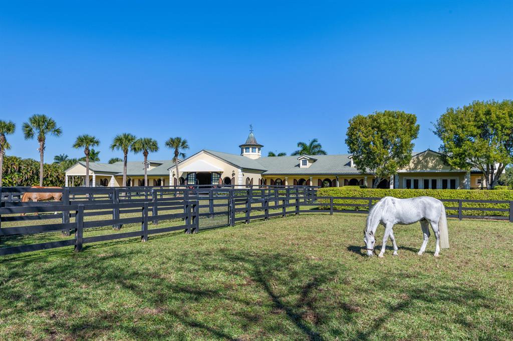 Rare opportunity to own a 5.29 acre farm adjoining the Wellington International Showgrounds. 24 stalls including two oversized double stalls. Lavish owners' lounge, 2 offices, laundry with commercial washer and dryer, large tack room, feed room, indoor wash stalls, and storage rooms. A large and separate storage garage along with a covered area and two dog runs complete the barn amenities. Staff quarters include a 4-bedroom apartment with full kitchen, living room, laundry room and 4 bedrooms each with en-suite bath and kitchenette area. Professional riding and training facilities include a large all-weather arena plus grass field, 6 grass paddocks including a stallion paddock, and 4-horse walker.