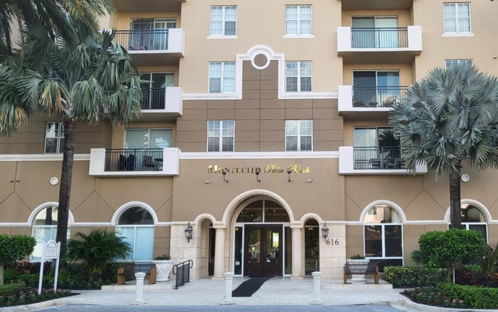 Panoramic sunrise and city views from this NE corner unit! The layout makes this feel more like a home with the entry hall and window in the kitchen. Features include large bisque-colored tile throughout living area and bedrooms, granite counters in the open kitchen, plenty of closet space. Montecito has a friendly & professional staff. Building amenities include 24hr front desk, fitness, social room, pool, hot tub, grilling area, sauna, internet room. Garage parking available (not assigned) - 1 decal per resident, max 2 decals per unit. Condo fees include water, sewer, trash, 1 DirecTV cable box, fiber optic internet. Ideally located on the west side of downtown - easy access to freeways and train station. Walk or bike  to The Square and Kravis Center.