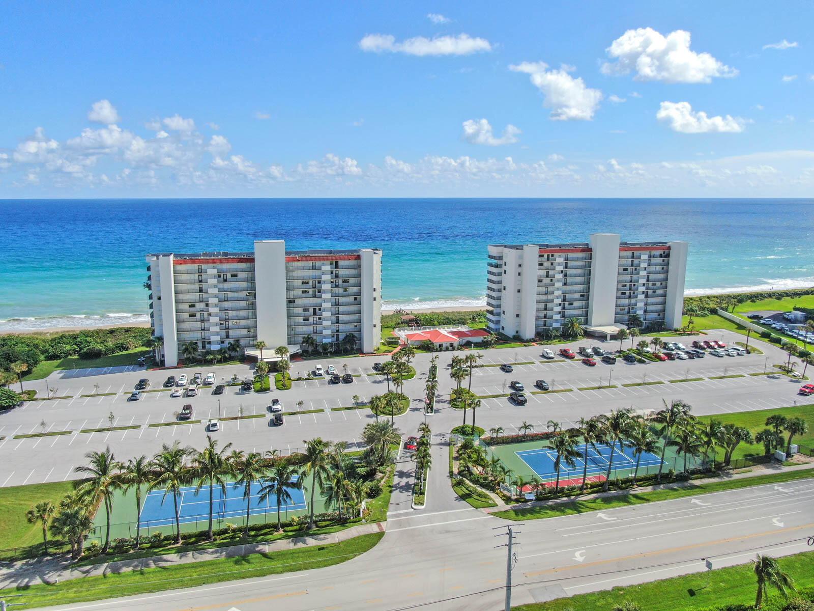 OCEAN TOWERS - 6TH floor, renovated with direct Ocean views.  Features include: complete impact sliders/windows, complete accordion shutters, renovated in 2021, kitchen and both bathrooms have granite and soft close cabinets, popcorn ceiling has been removed, vinyl flooring throughout (except kitchen), baseboards replaced and walk-in closets.  Amenities include: gated, clubhouse, dog walking area, pool, dune walk to beach, two tennis courts, pickleball court, shuffleboard and car wash area.  Milestone inspection report and structural integrity reserve study have both been completed.  Special assessment for concrete work is in the talks - TBD.  All sizes, taxes, descriptions and HOA are approximate.