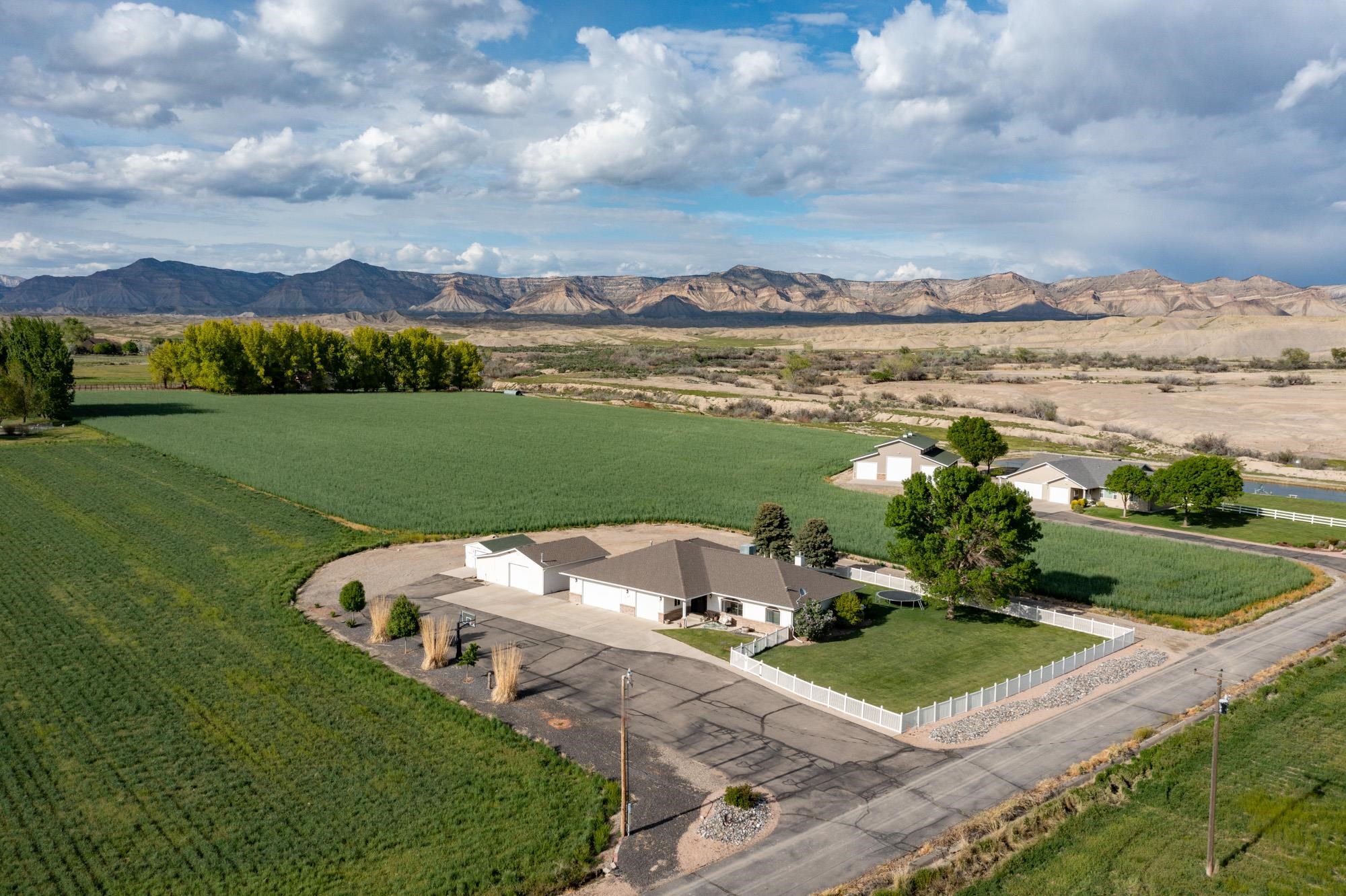 Nestled in the desirable North Grand Junction area, this stunning ranch style home sits on a three acre parcel surrounded by views in every direction. Updated in 2018 this home is sure to wow as soon as you walk through the front door. Smokey grey luxury vinyl plank flooring runs throughout this four bedroom home. An open floor plan makes this property an entertainers dream come true. Large windows line the living room and breakfast nook and they provide wonderful morning sunlight, making this home bright all year long. All the bedrooms in this home have great space to spread out, but the primary suite is exceptionally large and has its own gas log fireplace, builtin bookshelves, and a five-piece bathroom on-suite.  Outside you'll find a wonderful covered patio with exterior fans for those hot summer afternoons. You'll be eager to cool your feet in the thick green grass that surrounds most of the property, which is fully enclosed by a white vinyl picket fence. An alfalfa field to the north of the property is currently being maintained by a third party but could be harvested and sold/used by the new owner. This property is also a short distance from BLM, and has a large workshop to store whatever your heart desires. Don't let your dream home slip away, schedule a private showing today!