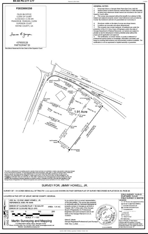 1.91 acres zoned General Commercial in the City of Jesup, lots have been cleared and flagged.