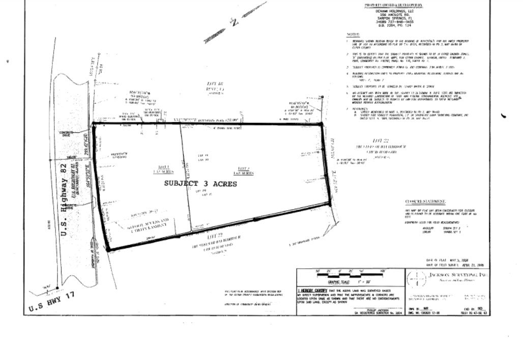 Great 3 acre parcel at intersection of Hwy 82 and Hwy 17 near Exit 29 of I-95 with 300 ft of frontage on US Hwy 82. Perfect site for bank, carwash or fast food, across the street from entrance to the retail development with Winn-Dixie Grocery anchor; property is on the right directly across US Hwy 82 from the Prime South Bank outparcel.
