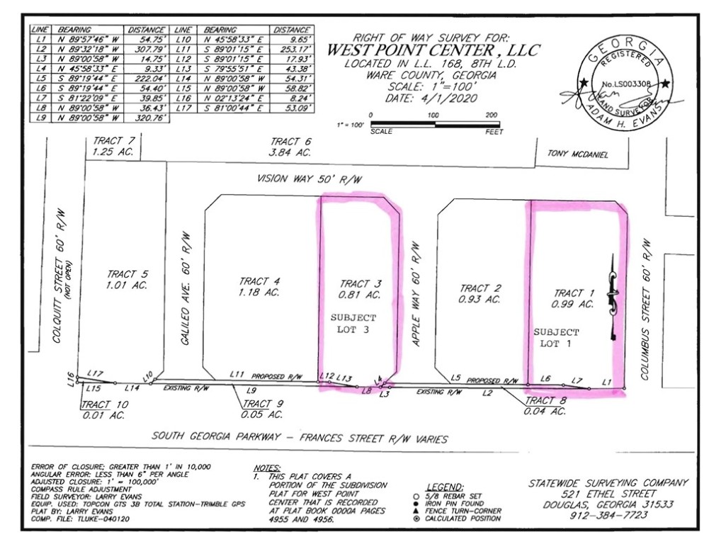 This 1 acre outparcel (Lot 1) is part of the new West Point Center development to be home to Popeye's and Dollar Tree. This lot is for sale for $375,000 and the neighboring Lot 3 is also available at $325,000. Located on the west side of Waycross right on South Georgia Parkway (Corridor Z) near Waycross College and the intersection of Corridor Z (US Hwy 82) and the Valdosta Hwy (US Hwy 84).