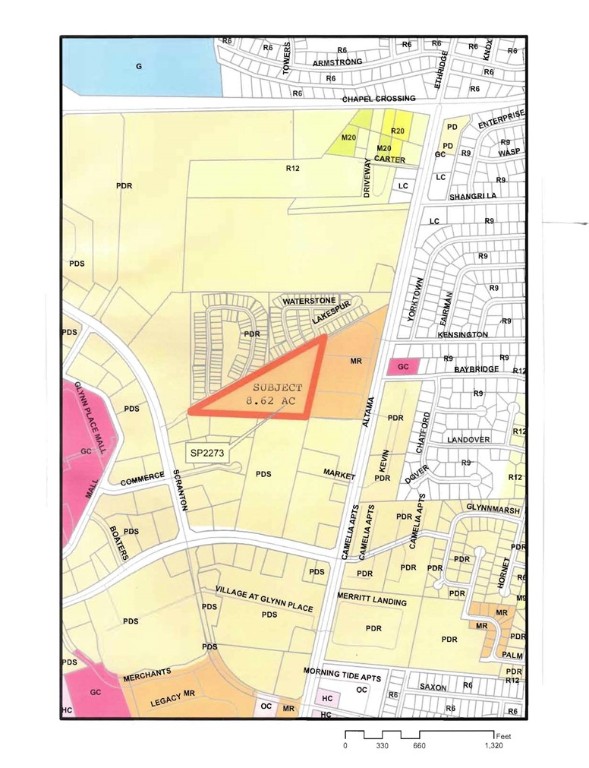 This 8.62 acre tract zoned MR (medium residential), C4-Commercial class code, is located adjacent to the Glynn Place Mall area.  The medium residential zoning allows for 16 residential units per acre. This tract is also adjacent to the popular Peppertree Crossing, a gated residential community.  In addition, it is walking distance from a great deal of retail (restaurants, shops, a Publix grocery, and a super Walmart).