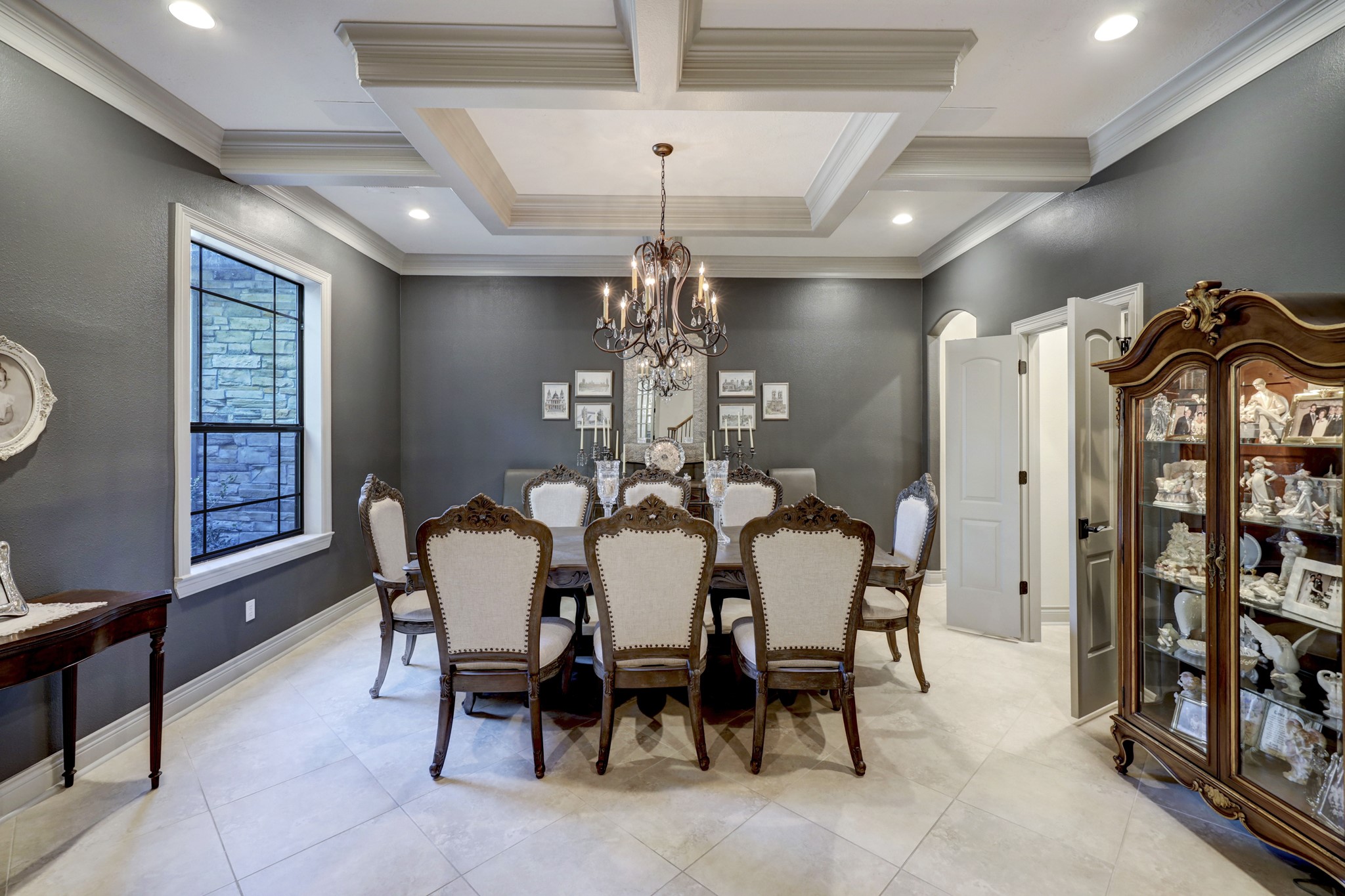 Dining Room with coffered ceiling.