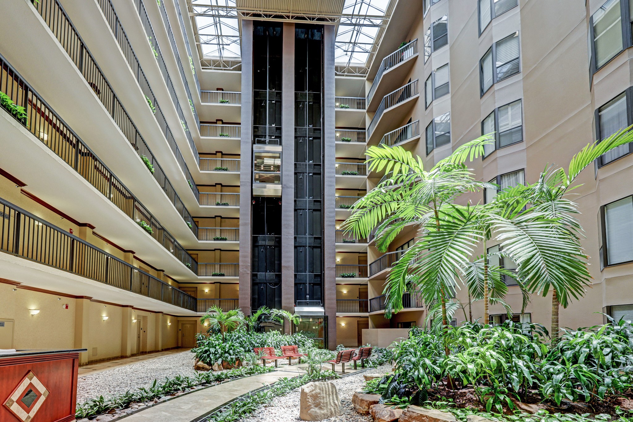 Atrium:  Filled with Alexander palms & tropical landscaping.