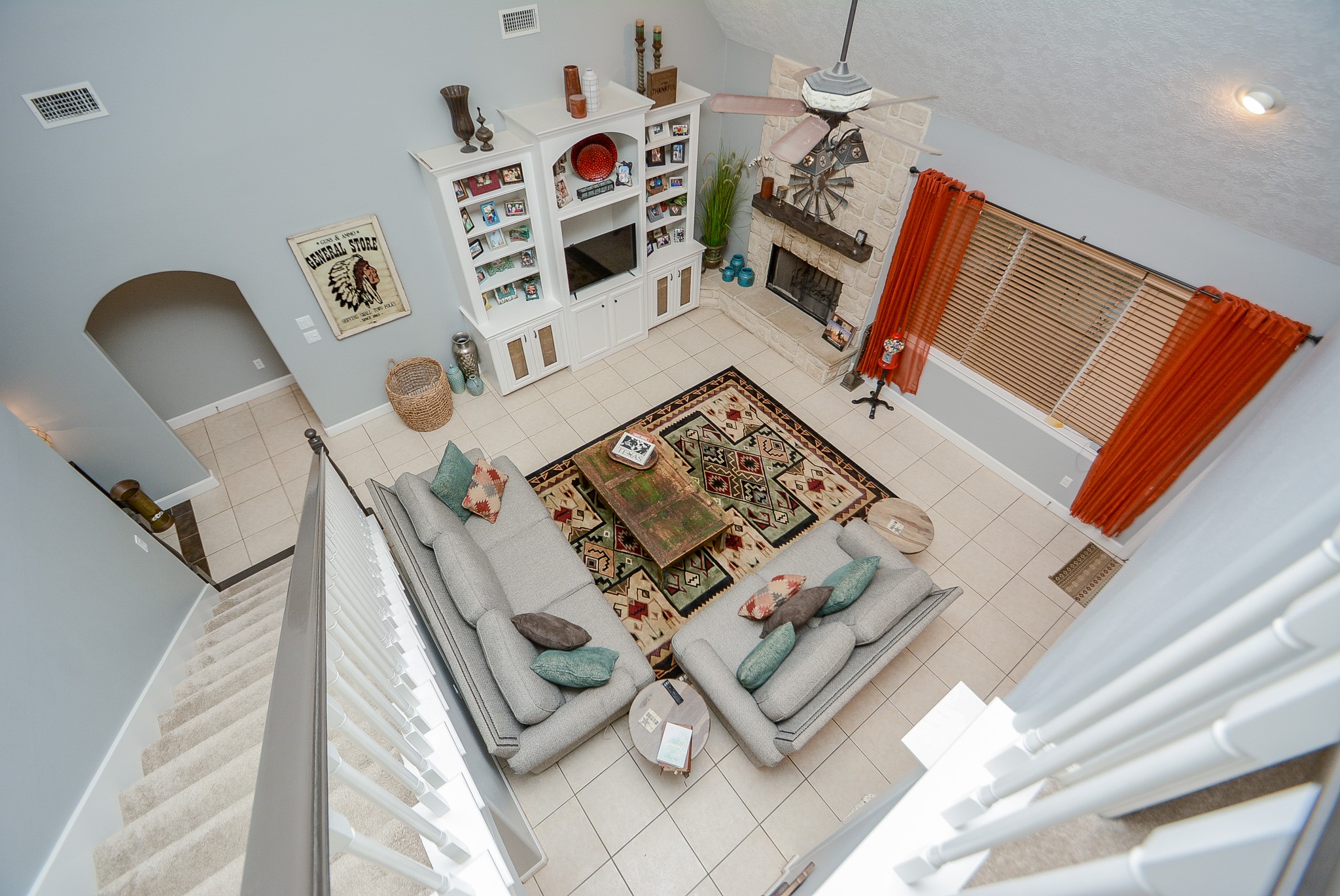 View of the Living Area from the top of the Stairs.