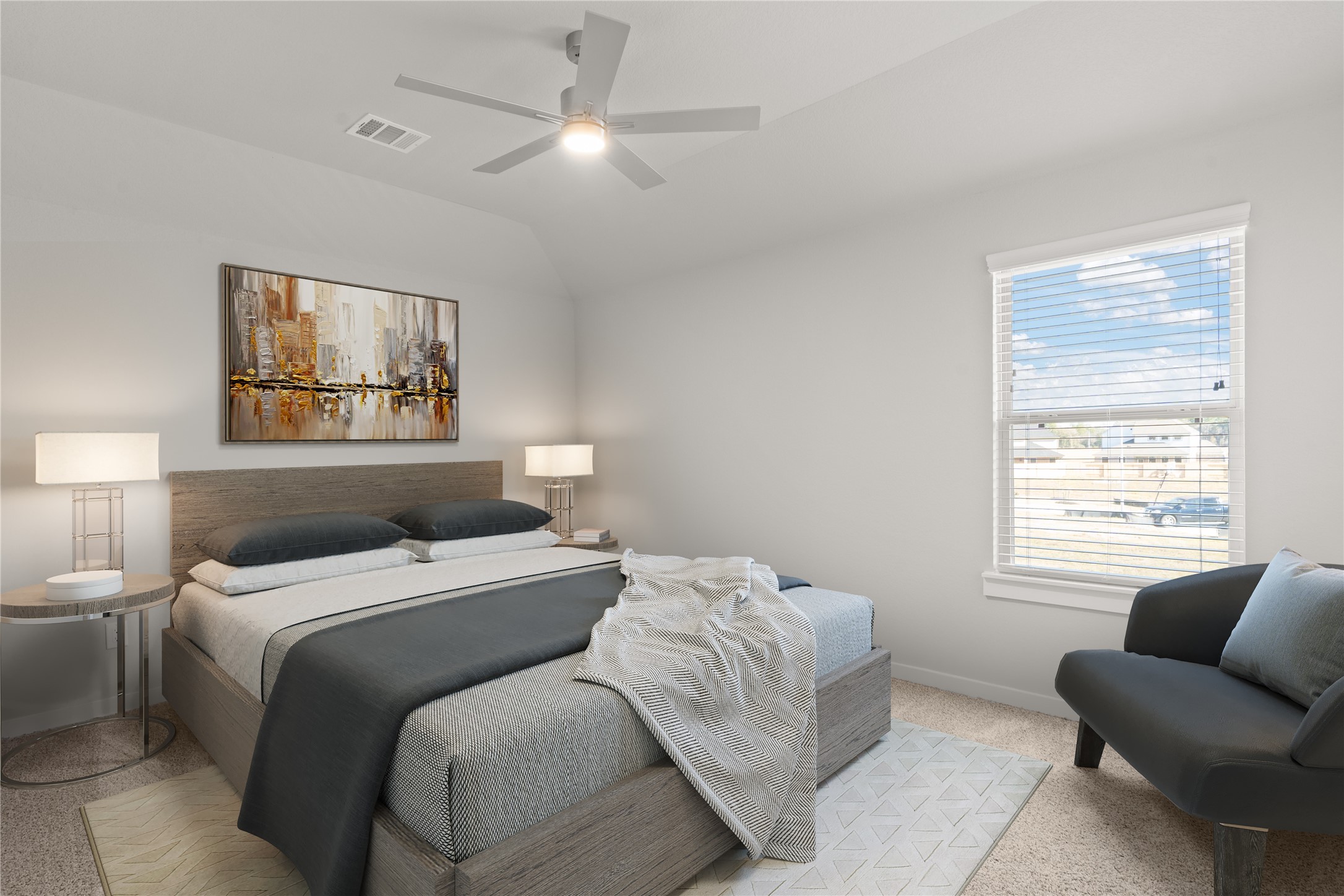 Secondary bedroom features plush carpet, custom paint, ceiling fan with lighting and a large window with privacy blinds.
