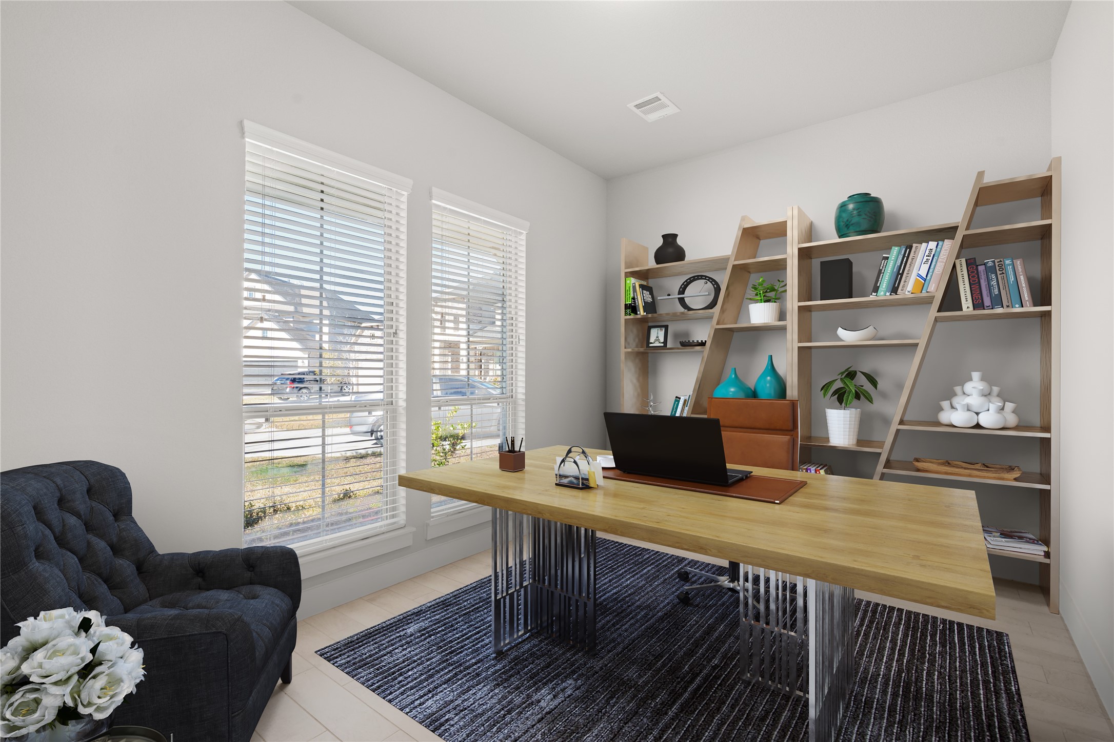 Quietly nestled in front of the home is the handsome home office. Featuring gorgeous flooring, custom paint and large windows with privacy blinds.