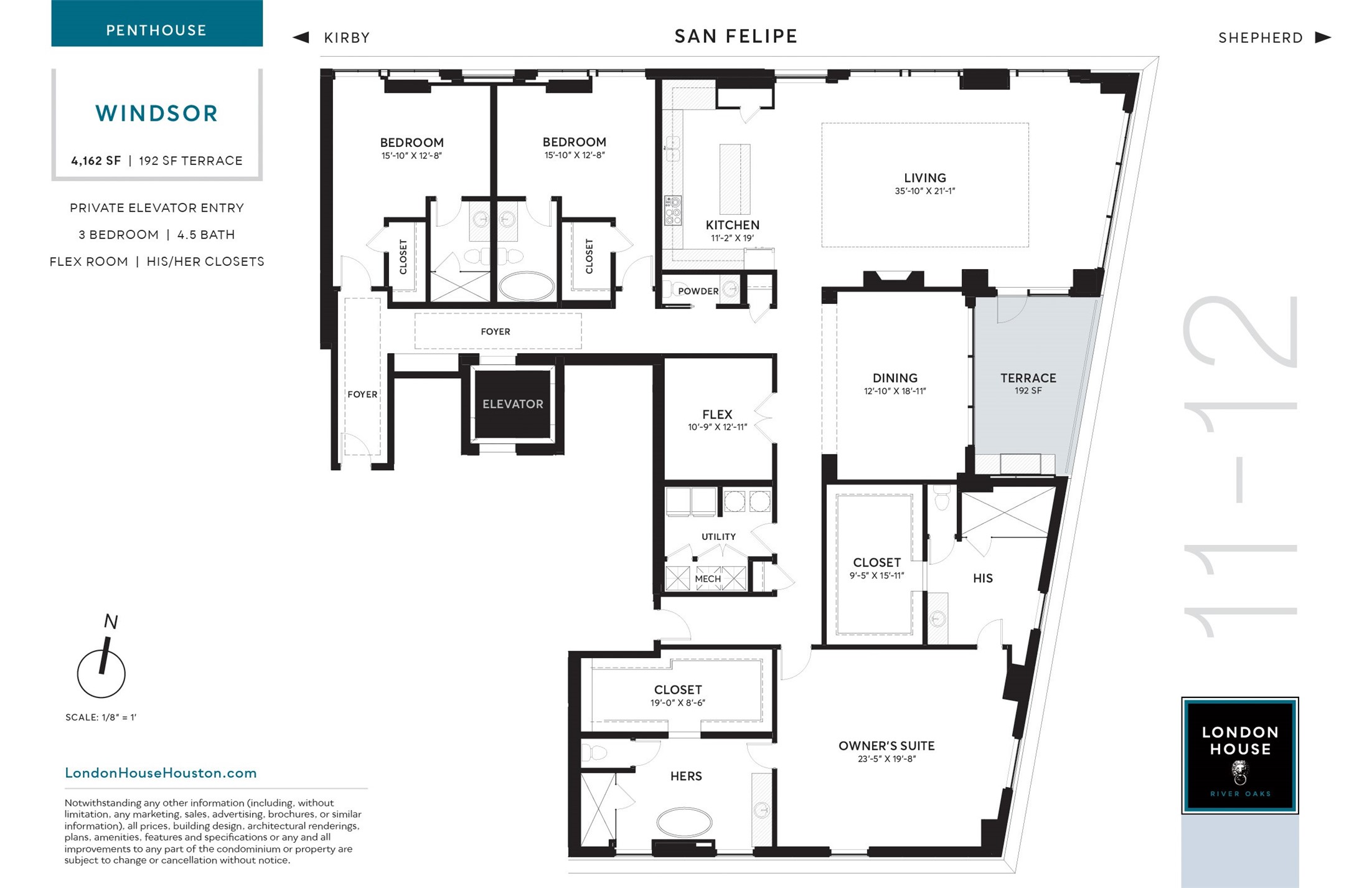 WINDSOR Penthouse Floor plan. Three bedrooms, four and one-half baths containing 4,162 sq.ft.