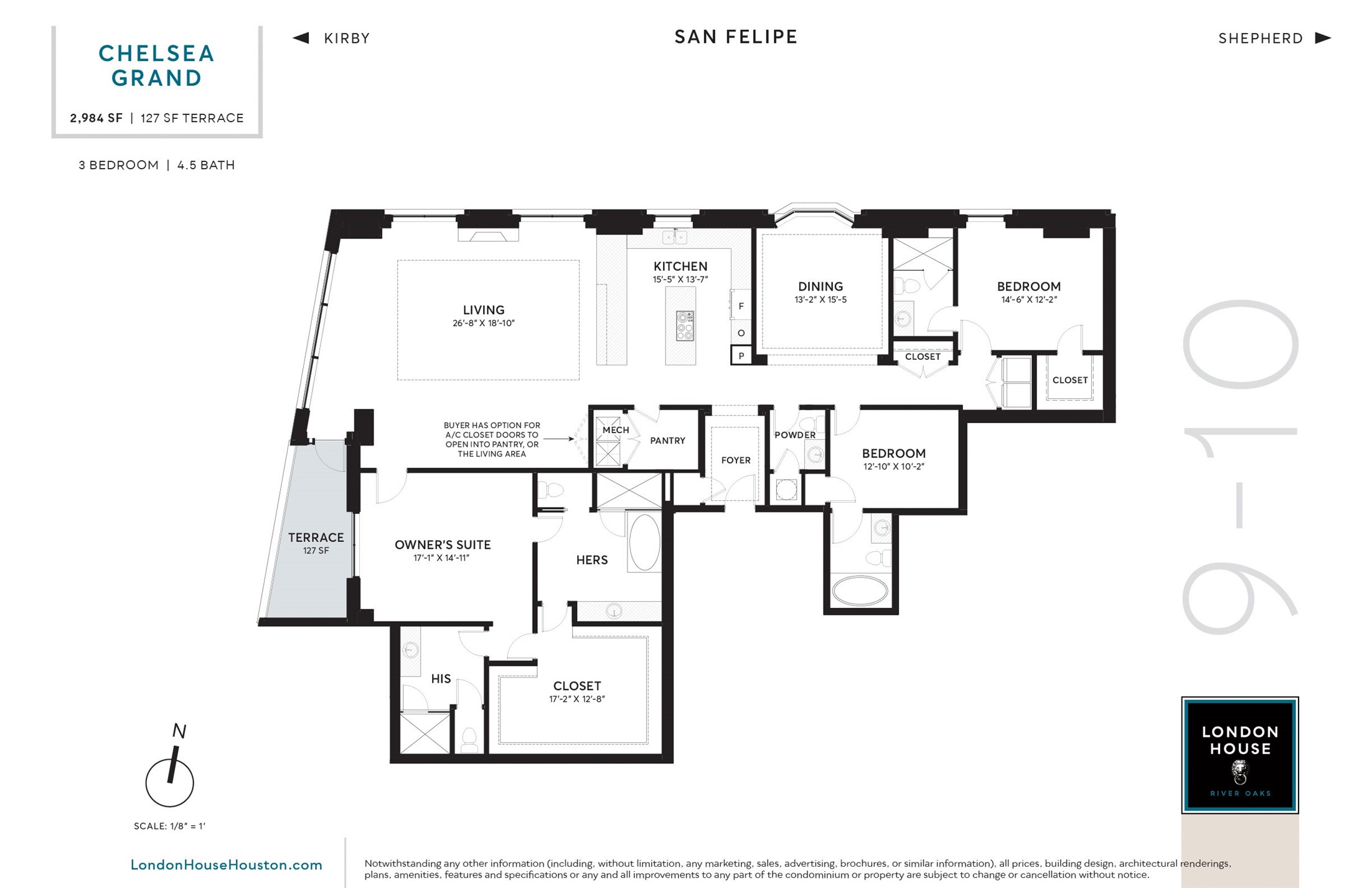 CHELSEA GRAND floor plan. Two bedrooms, two and one-half baths containing 2,984 sq.ft.