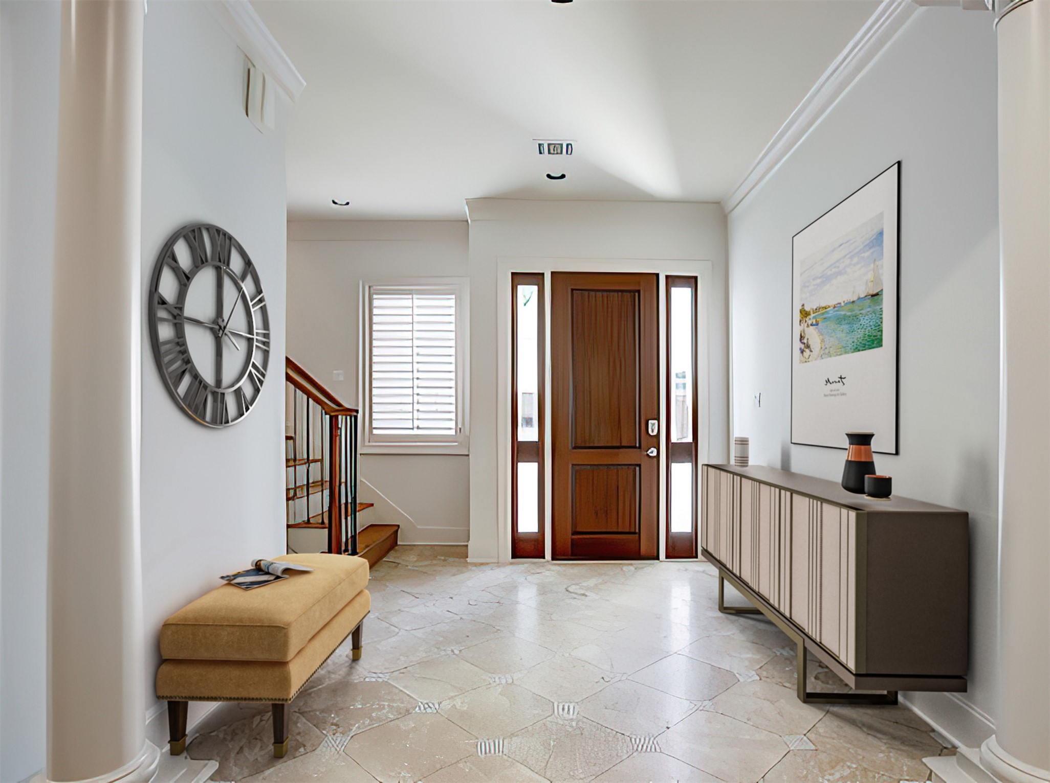 ENTRY - Light-filled entry with stone floor, inlaid accents.  Front wood door features glass sidelites.  (Virtually staged​​‌​​​​‌​​‌‌​‌‌​​​‌‌​‌​‌​‌​​​‌​​ photo.)