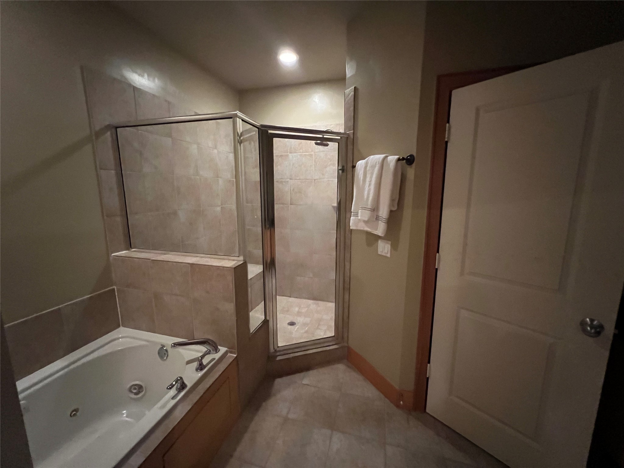 Primary bathroom with tile flooring, granite counters and Jacuzzi tub.