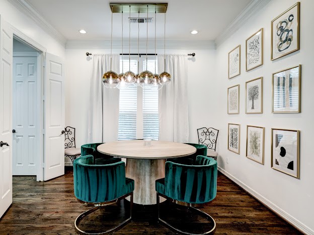 Formal dining room with contemporary chandelier.
