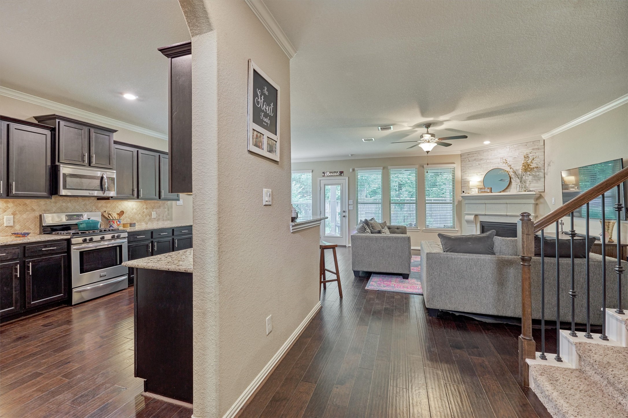 The living room connects to the dining room and kitchen giving this home a very open feel.