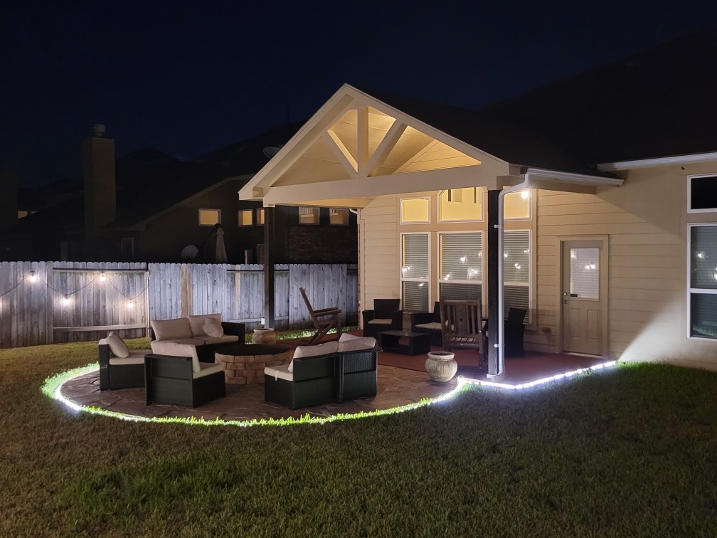 The evenings turn magical with custom lighting and two electrical outlets for adding additional items.
