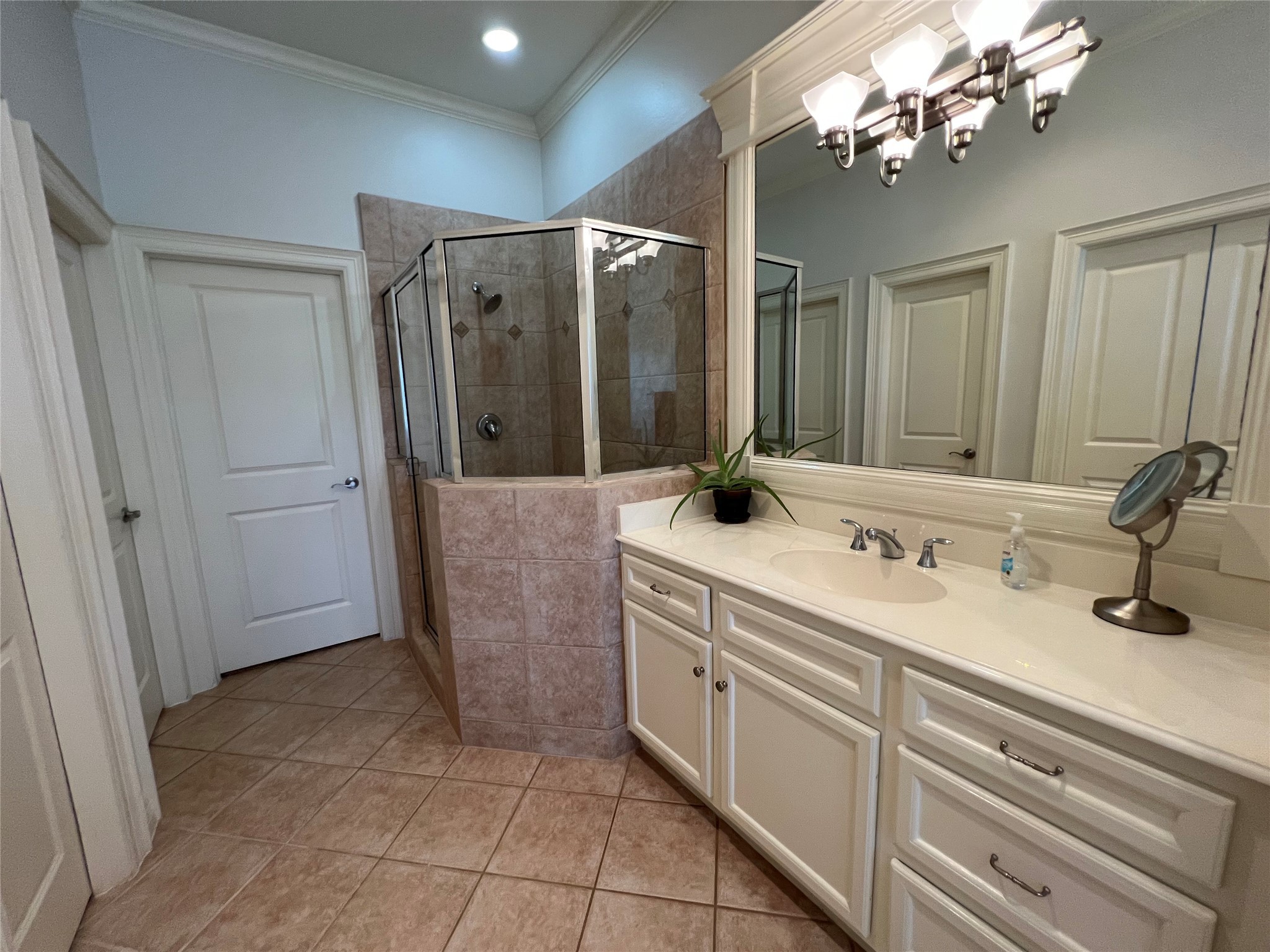Primary bathroom with two vanity areas. Sunken tub with jets on one end and shower on the other.