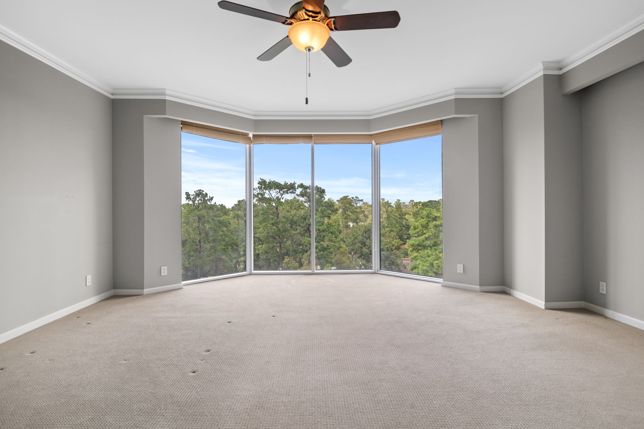 19x15 Primary Bedroom - 
Imagine waking up to that view every day. The bay window area is large enough for a sitting area. Crown molding and a ceiling fan with light add to the beauty and comfort of the room.