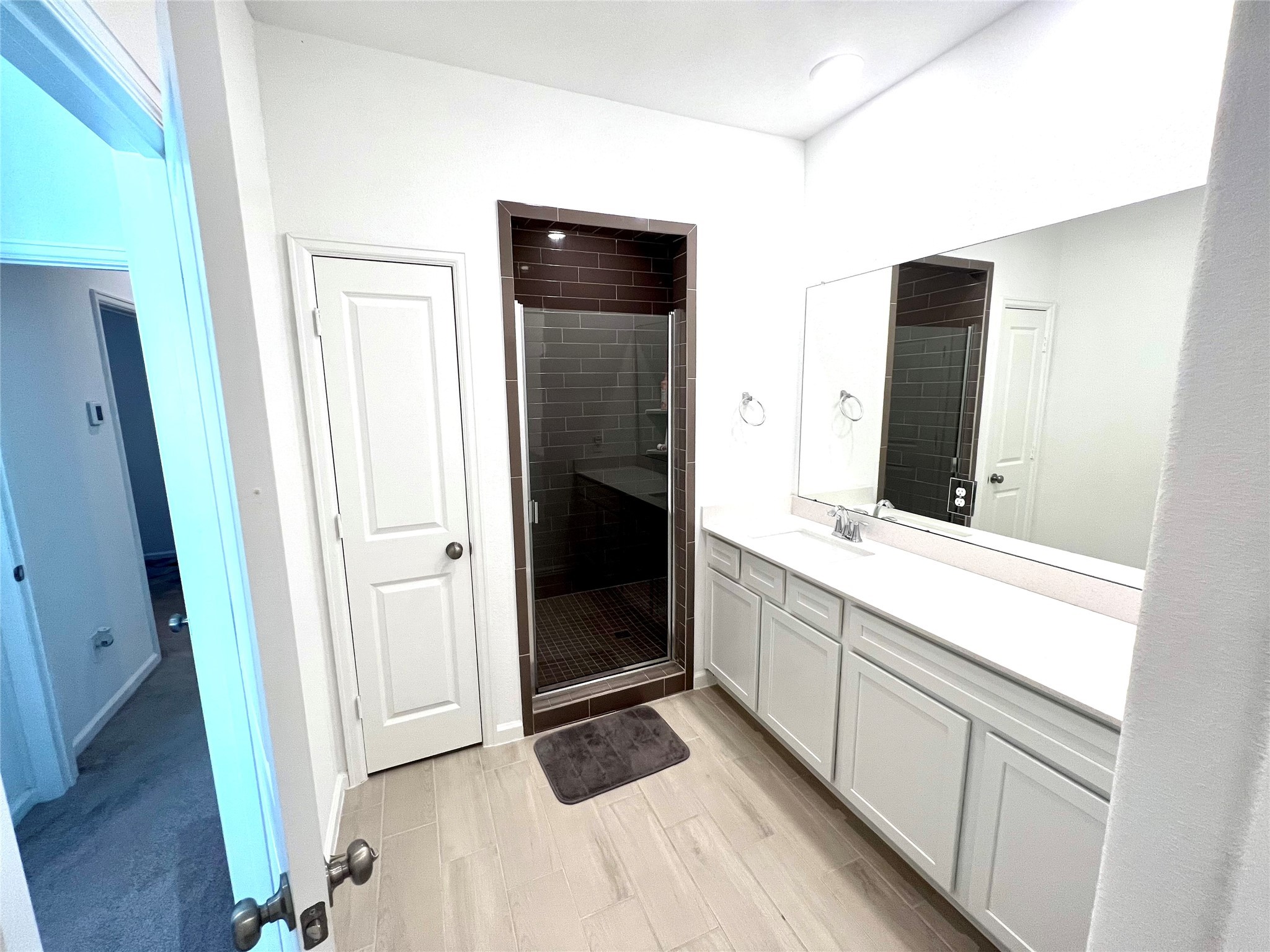 Luxurious primary bathroom with double sinks, huge shower, and walk-in closet.