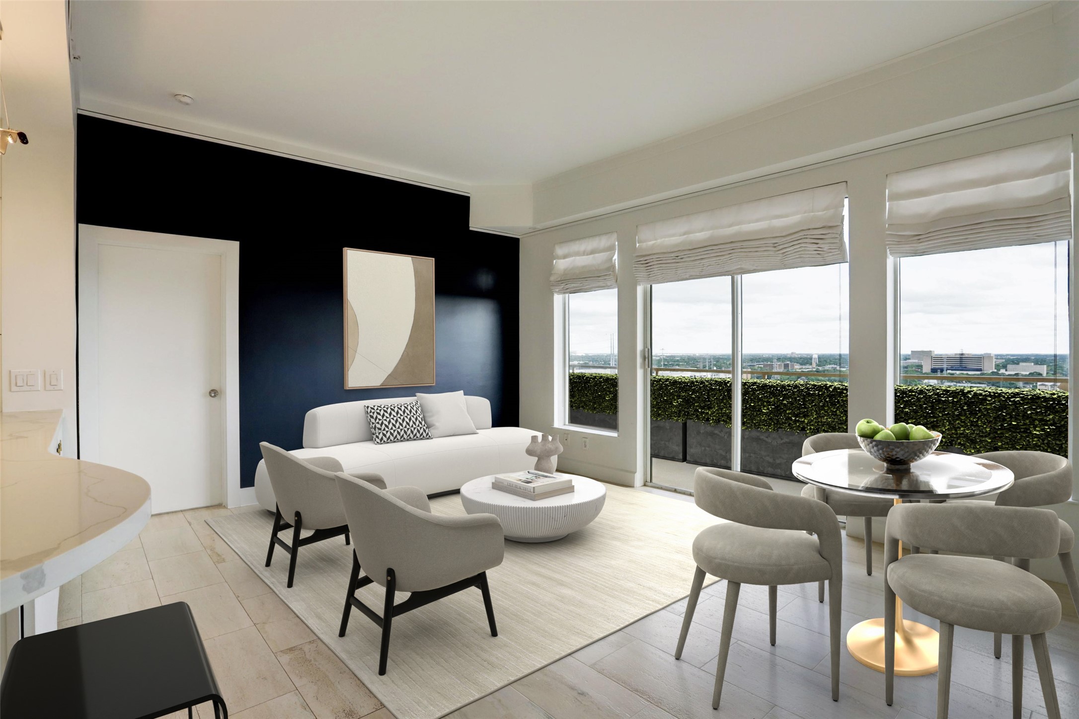 Living room with Travertine floors and access to the expansive balcony . Image shown virtually staged.