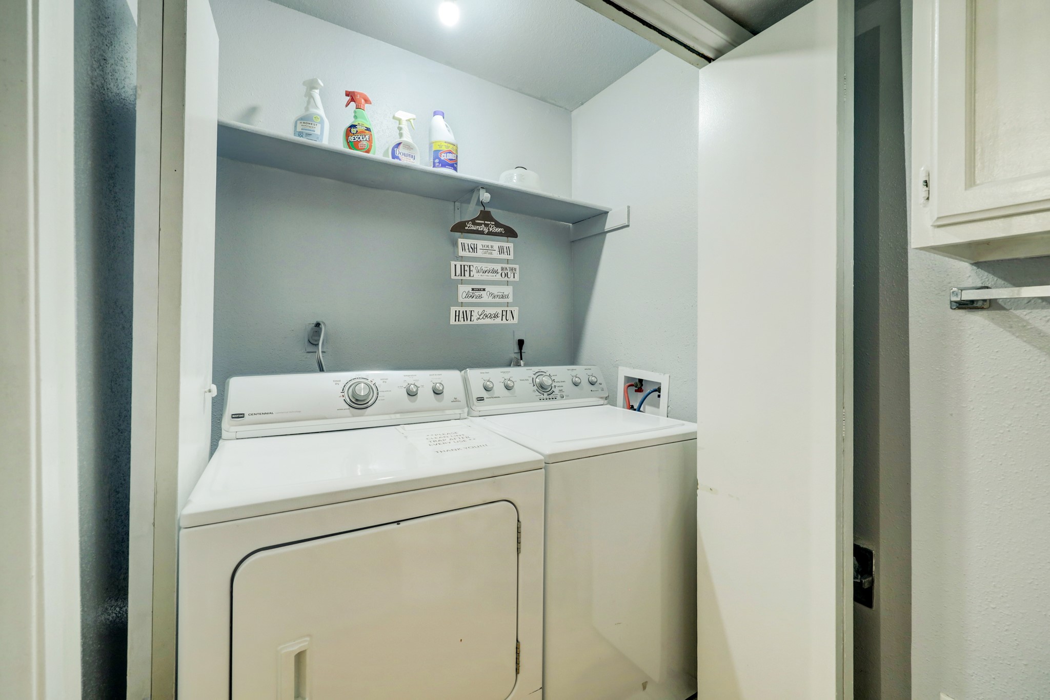 The laundry is located on the second floor with above unit storage. Washer and dryer to stay.